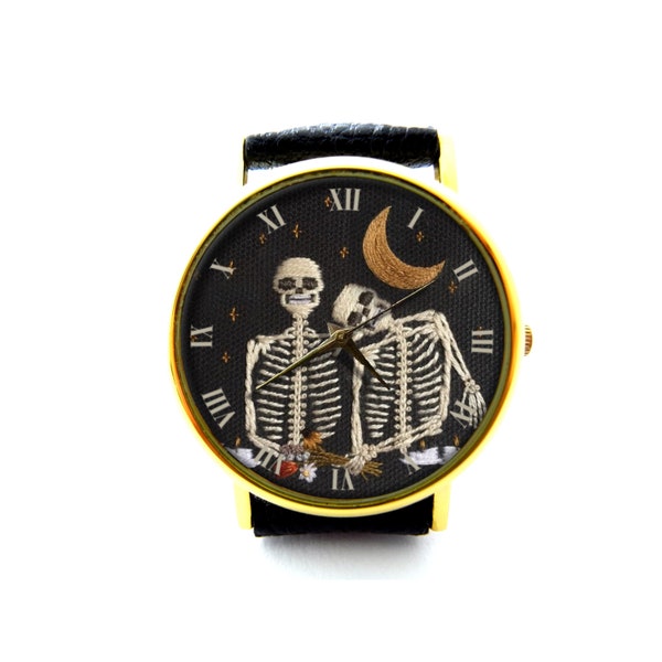 Embroidery Effect Print Skull Lover Leather Watch, Skull Lover Unisex Watch, Not Real Embroidery, It's Flat Printing