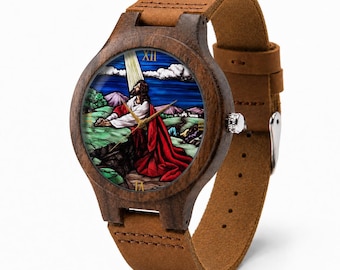 Glasmalerei Jesus Holzuhr, christliche Gebetskunst Lederarmbanduhr