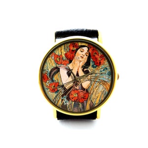 Alphonse Mucha, Alphonse Mucha Leather Watch, Art watch, Unisex Watch, Ladies Watch, Alphonse Mucha Jewelry, Pattern 7
