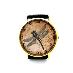 Reloj de cuero de la libélula, reloj de cuero de los círculos de la sabiduría, libélula, reloj de cuero del arte, reloj de las damas, reloj de los hombres, joyería de la libélula