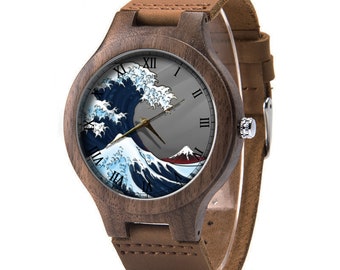 The Great Wave off Kanagawa Leather Wood Watch, Art Wood Watch, Man Size Watch, Japan Art Wood Watch, Fine Art Jewelry