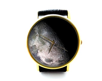 Reloj de cuero de la luna, reloj espacial, luna, reloj unisex, reloj de las damas, reloj de los hombres, joyería de la luna, patrón 2