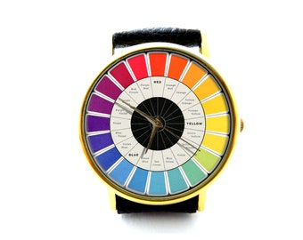 Vintage Color Wheel Leather Watch, Color Wheel, Color Wheel Accessory, Ladies Watch, Unisex Watch, Color Wheel Jewelry, Pattern 3