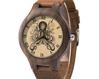 Vintage Octopus Leather Watch, Octopus Wood Watch, Octopus Watch, Man Size Watch, Vintage Octopus Jewelry