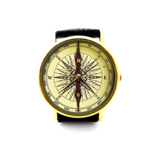 Compass Inspired Leather Watch, Nautical Watch, Antique Compass Watch, Vintage Compass Watch, Not Real Compass, It&#39;s Flat Printing
