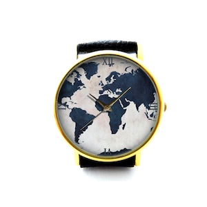 Weltkarte Lederuhr, Weltkarte Damenuhr, Unisex Uhr, Kartenschmuck