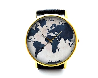 World Map Leather Watch, World Map Ladies Watch, Unisex Watch, Map Jewellery