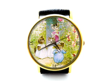 Tale of Tom Kitten leren horloge, kattendameshorloge, uniseks horloge, kattensieraden