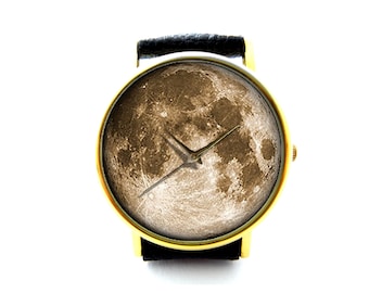 Maan lederen horloge, volle maan horloge, maan, Unisex horloge, dameshorloge, mens Watch, Moon sieraden, patroon 3