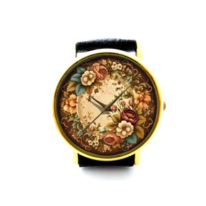Vintage Flower Leather Watch, Vintage Rose Watch, Floral Watch, Ladies Watch, Mens Watch