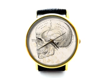 Vintage Skull Diagram Leather Watch, Anatomy Art Watch, Skull Watch, Skull Jewelry