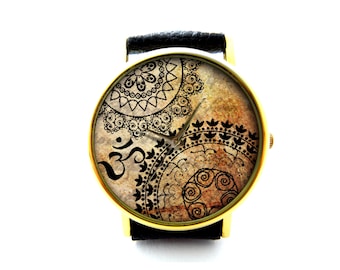 Mandala Leather Watch, Henna, Mehndi, Unisex Watch, Ladies Watch, Mens Watch, Mandala Jewelry, Mandala Accessory, Pattern 4