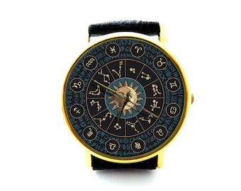 Reloj de cuero El Sol y La Luna, reloj de mujer Sol y Luna, reloj astronómico, joyería con signos del zodíaco
