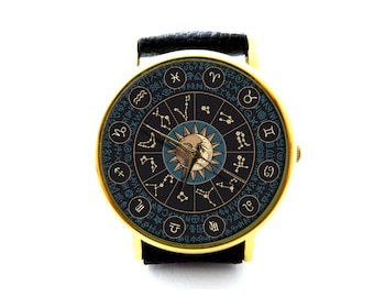 El Sol y La Luna Leather Watch, Sun and Moon Ladies Watch, Astronomy Watch, Zodiac Signs Jewellery