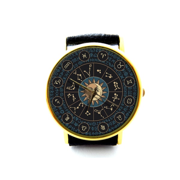El Sol y La Luna Leather Watch, Sun and Moon Ladies Watch, Astronomy Watch, Zodiac Signs Jewellery