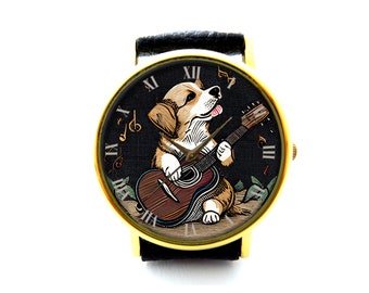 Dog Playing Guitar Leather Watch, Dog Music Ladies Watch, Unisex Watch, Funny Dog Jewellery