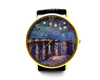 Starry Night over the Rhone Leather Watch, Van Gogh art jewelry night sky Watch, Unisex Watch, Van Gogh Jewelry, Van Gogh Art Watch