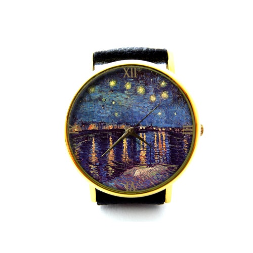 Starry Night over the Rhone Leather Watch, Van Gogh art jewelry night online sky Watch, Unisex Watch, Van Gogh Jewelry, Van Gogh Art Watch