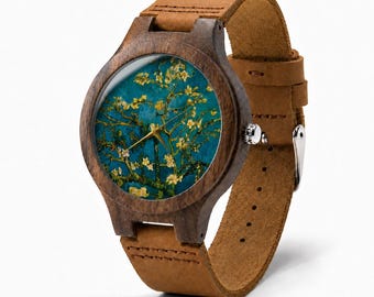 Reloj de madera Blue Blossom, esfera con diseño floral, regalo inspirado en la naturaleza para ella.