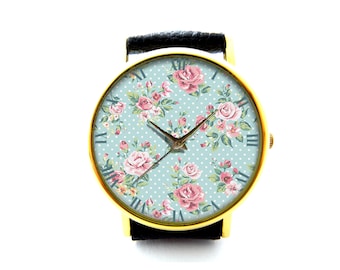Vintage Flower Leather Watch, Flower Ladies Watch, Unisex Watch, Flower Jewellery