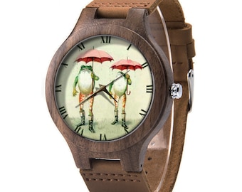 Frogs with Umbrellas Wood Leather Watch, Frog Wood Watch, Frog Watch, Man Size Watch, Funny Frog Jewelry