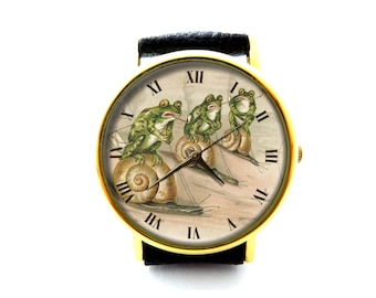Frog Game Leather Watch, Frog Race Ladies Watch, Unisex Watch, Funny Frog Jewellery