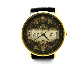 Music Notes Leather Watch, Music Leather Watch, Ladies Watch, Mens Watch, Music Jewelry, Music Accessory
