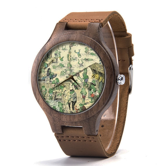 Frosch schwimmende Holz-Lederuhr, Frosch-schöne Holzuhr, Frosch