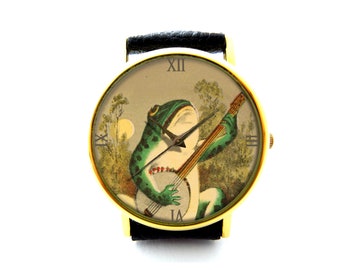 Frog Playing Guitar Leather Watch, Frog Music Ladies Watch, Unisex Watch, Funny Frog Jewellery