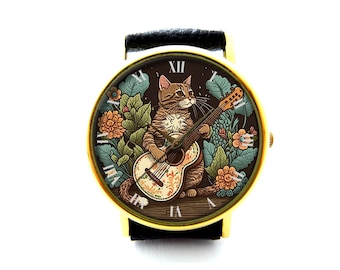 Cat Playing Guitar Leather Watch, Cat Music Ladies Watch, Unisex Watch, Funny Cat Jewellery