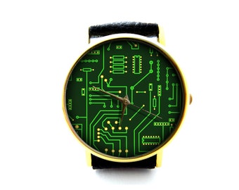 Circuit Board Leather Watch, Unisex Watch, Ladies Watch, Mens Watch, Circuit Board Jewelry, Pattern 4