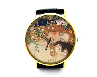 Reloj de cuero para madre e hijo de Gustav Klimt, reloj para damas Klimt Art, reloj unisex, joyería Klimt Art
