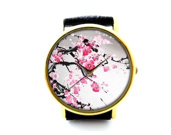 Japan Sakura Cherry Blossom Leather Watch, Sakura Ladies Watch, Unisex Watch, Sakura Cherry Blossom Jewellery