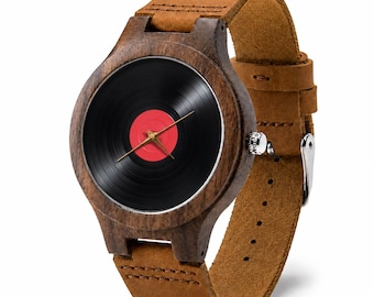 Vinyl Record Wood Watch, Retro Music Leather Wristwatch Gift