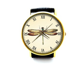 Vintage Dragonfly Leather Watch, Dragonfly Watch, Unisex Watch, Ladies Watch, Mens Watch, Pattern 2