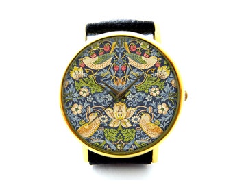 William Morris Strawberry Thief Leather Watch, William Morris Art Ladies Watch, Unisex Watch, Art Nouveau Jewelry