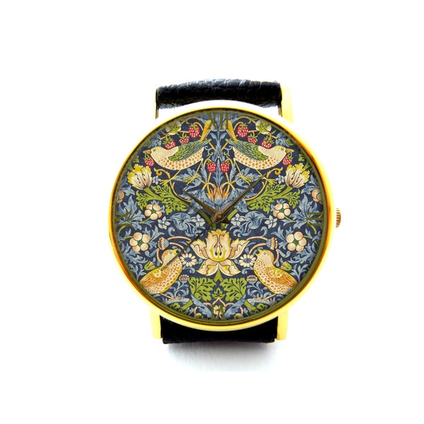 William Morris Strawberry Thief Leather Watch, William Morris Art Ladies Watch, Unisex Watch, Art Nouveau Jewelry