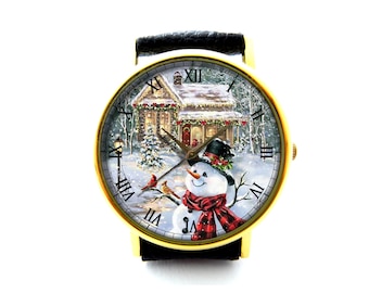 Vintage Snowman Leather Watch, Christmas Watch, Snowman Watch, Christmas Jewelry, Christmas Gift, Winter Gift, Holiday Gift