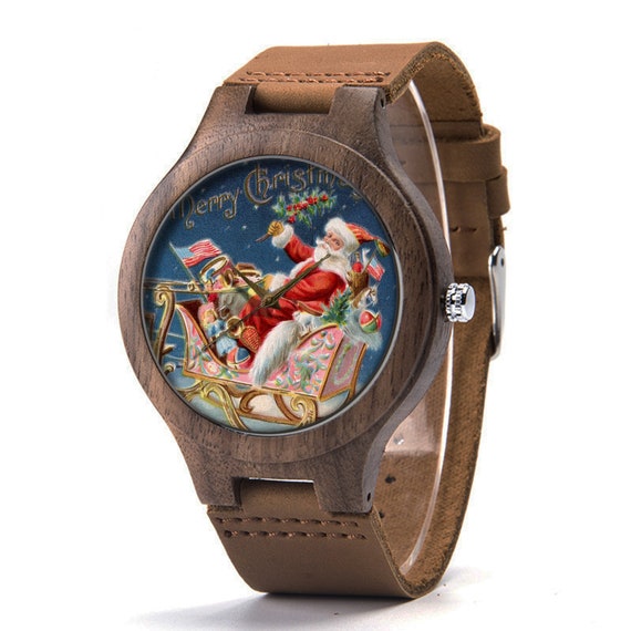 Vintage Weihnachtsholz Leder Uhr, Weihnachten Holz Uhr