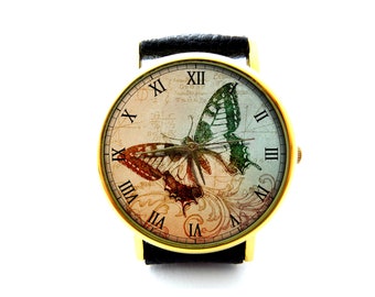 Butterfly Leather Watch, Wisdom Circles Leather Watch, Butterfly, Art Leather Watch, Ladies Watch, Mens Watch, Butterfly Jewelry