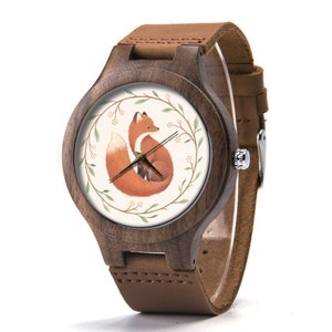 Vintage Fox Wood Leather Watch, Cute Fox Wood Watch, Fox Watch, Man Size Watch, Fox Jewelry
