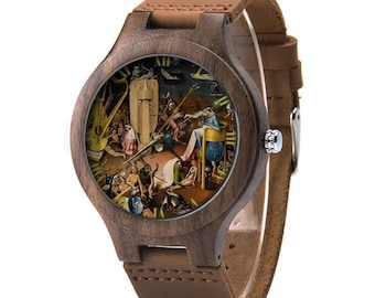 ヒエロニムス・ボス作「快楽の園」木製レザーウォッチ、ヒエロニムス・ボス作アートウォッチ、メンズサイズウォッチ、ヒエロニムス・ボス作ジュエリー