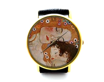 Klimt Tres edades de la mujer Arte Reloj de cuero, Klimt Arte Damas Reloj, Reloj Unisex, Mamá Madre Joyería