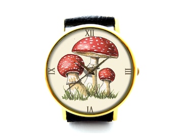 Mushroom Leather Watch, Mushroom Ladies Watch, Unisex Watch, Mushroom Jewellery
