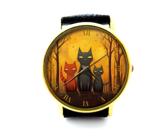Reloj de cuero con diseño de gato, bonito reloj para mujer, reloj unisex con diseño de gato, joyería de gato