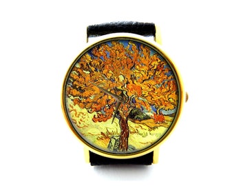 Reloj de piel con diseño de morera de Van Gogh, reloj artístico, reloj unisex, reloj para mujer, reloj para hombre, reloj personalizado, patrón 6