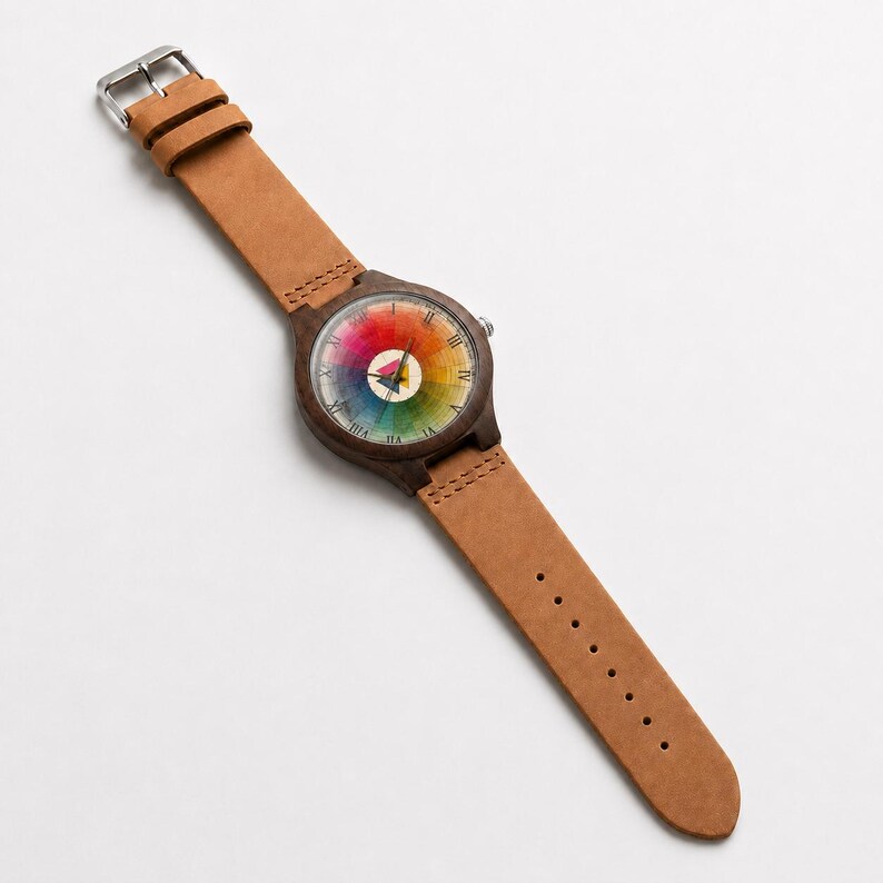 May include: A wristwatch with a dark brown wooden case and a light tan leather strap. The watch face features a circular rainbow color wheel design with Roman numerals and a small central triangle icon in magenta, cyan, and yellow colors.