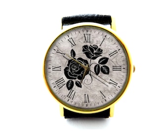 Rose Leather Watch, Vintage Flower Leather Watch, Vintage Rose Watch, Floral Watch, Ladies Watch, Mens Watch, Rose Jewelry