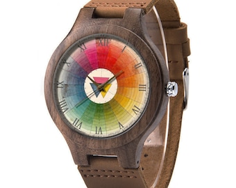 Vintage Color Wheel Wood Leather Watch, Color Wheel Wood Watch, Man Size Watch, Color Wheel Jewellery