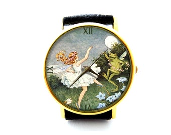 Frog and Fairy Leather Watch, Frog Ladies Watch, Unisex Watch, Fairy Frog Dancing Jewelry